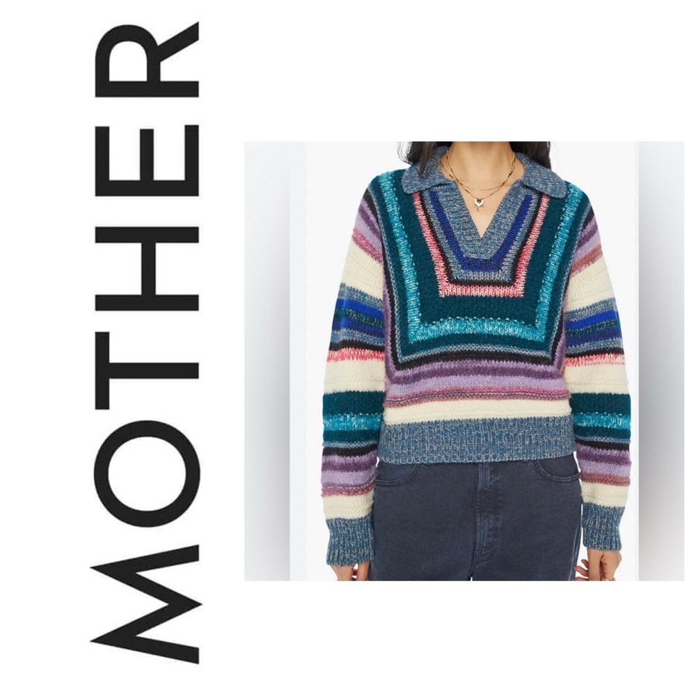 MOTHER Multicolor Striped V-Neck Sweater with Collar
